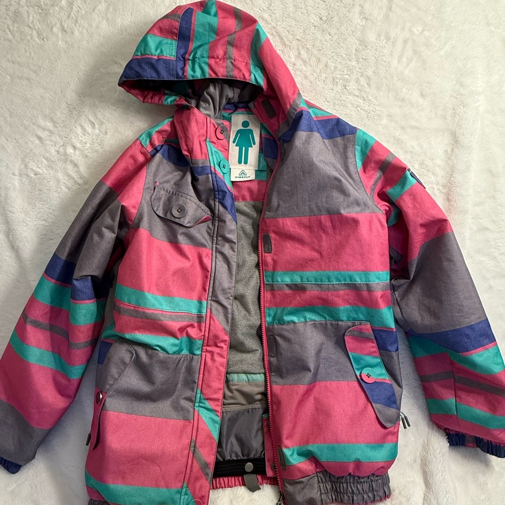 Firefly Aquabase Elite women’s XL Ski Jacket Waterproof Hooded Pink Gray Striped